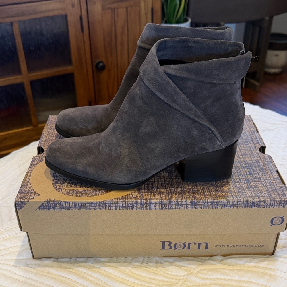 Born Charcoal Gray Suede Ankle Booties with Wrapped Detail